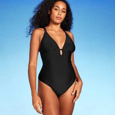 New - Women's Plunge Hardware Trim Cheeky One Piece Swimsuit - Shade & Shore Black XS