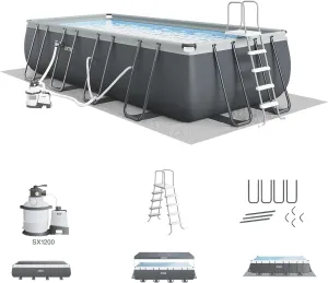 Rectangular Frame Above Ground Outdoor Swimming Pool Set with 1200 GPH Sand Filter Pump, Pool Cover and Ladder 18' x 9' x 52"