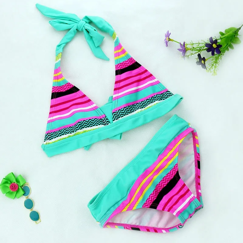 Summer Girls Close-fitting Elastic Stripe Swimsuit Girls Split Two-pieces Swimwear, Children Stripe Bikini Wholesale